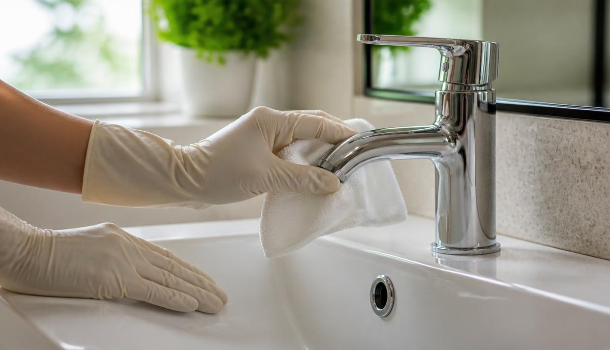 Bathroom sink and tap being polished
