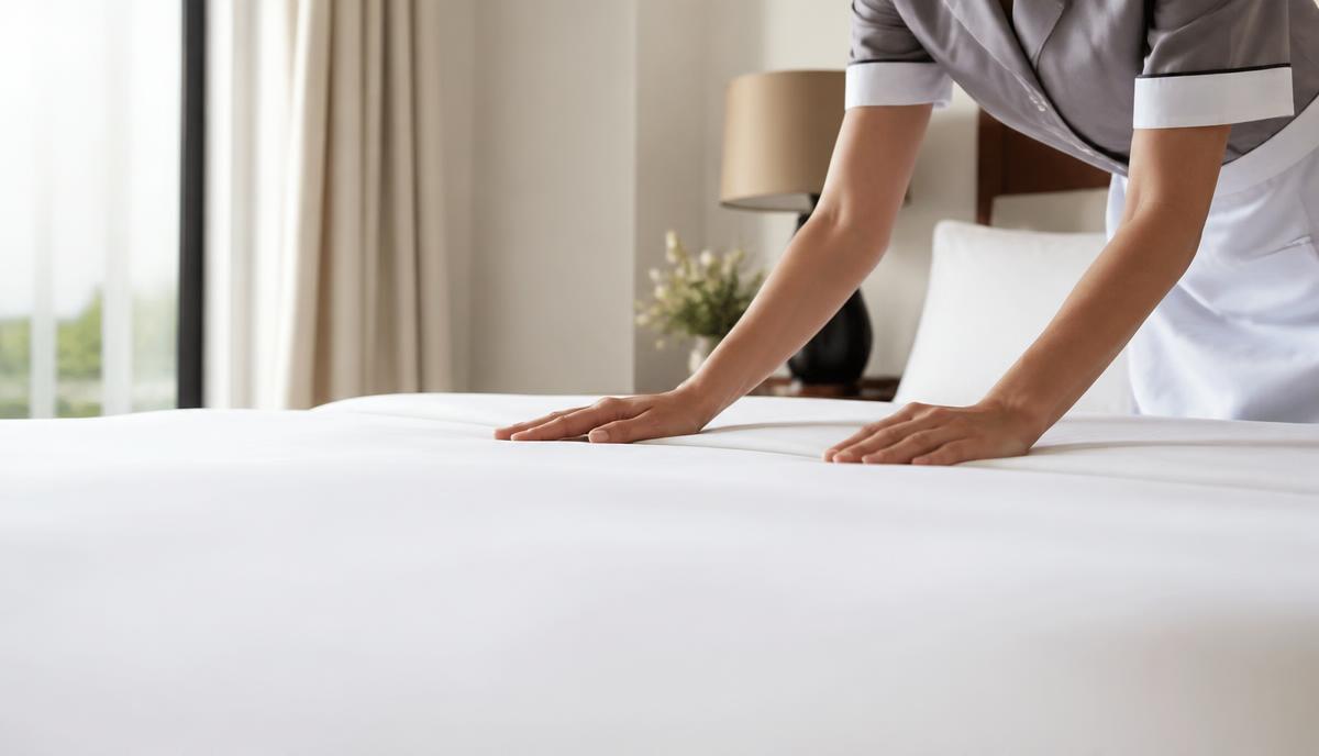 Fresh white bed linen being made up